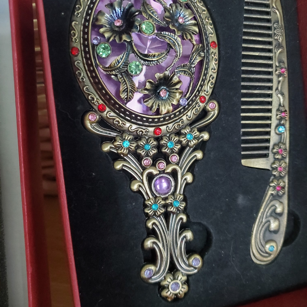 Vintage Floral Hand Mirror and Comb Set - Purple and Gold